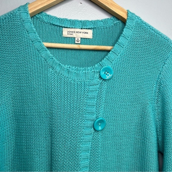 JNY Open Front Buttons Cable Knit Cardigan Teal Sz M Cotton Cottagecore Pocket - Picture 3 of 15